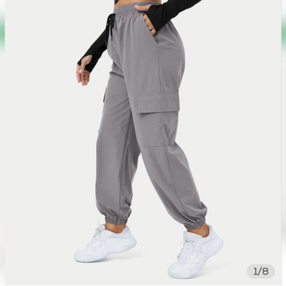 Halara Womens Cargo Pants Gray High Rise Elastic Waist Drawstring Pockets S